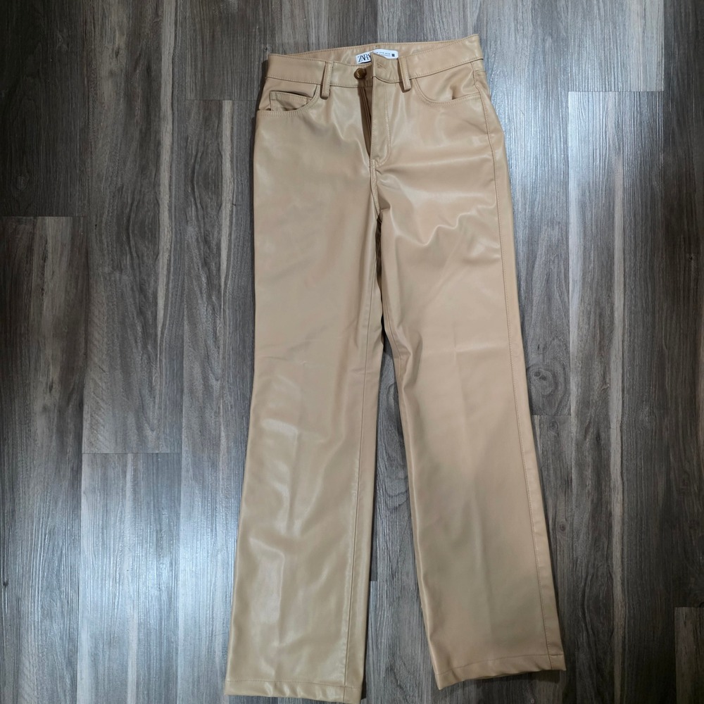 Zara Tan Faux Leather High Waisted‎ Straight Leg Pants Beige Size 2 2231/872/450